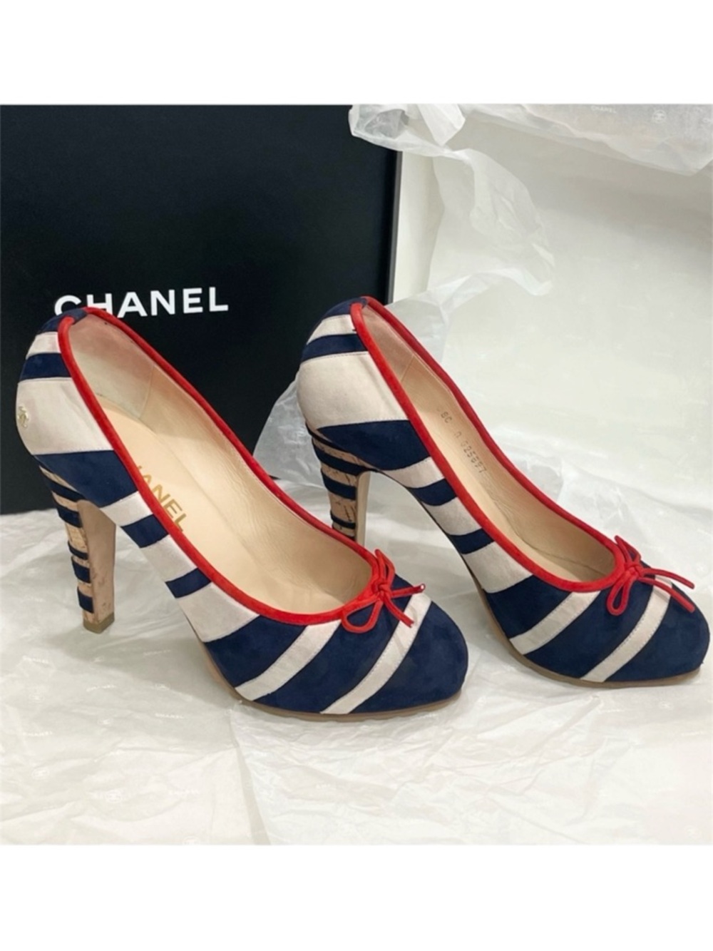 CHANEL CC Suede Red White Blue Stripe Cork Heel Pumps EU 41
